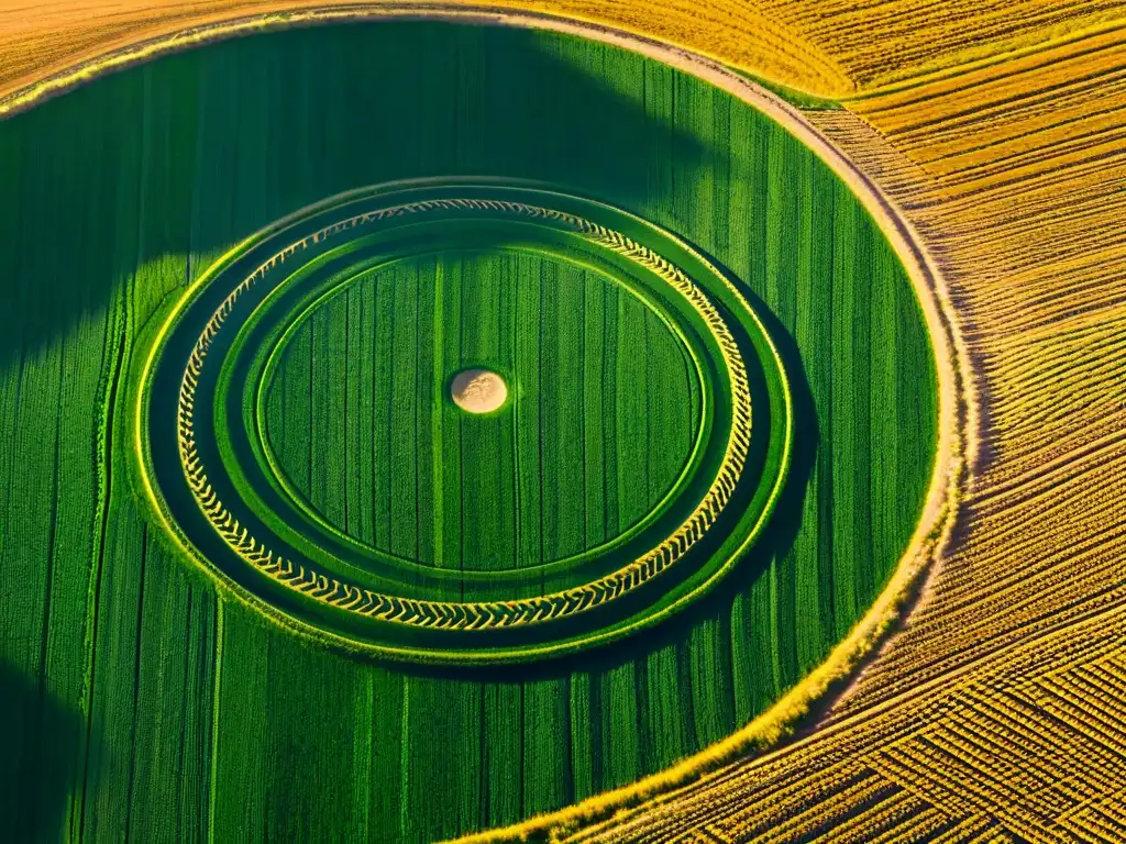 Intrigante diseño de cultivo en campo de trigo Una fotografía aérea de alta resolución de un vasto campo de trigo con un intrincado diseño de círculos de cultivo