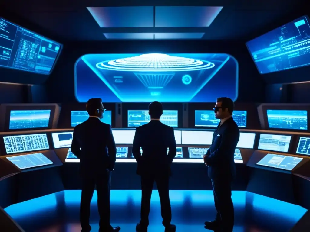 Agentes en traje oscuro y lentes en sala futurista con tecnología avanzada