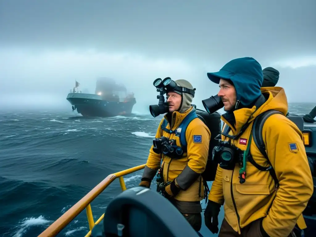 Exploradores en la Niebla: Aventura en Point Nemo Expedición en aguas misteriosas: tripulación explorando el Punto Nemo en un barco de investigación, rodeados de niebla densa