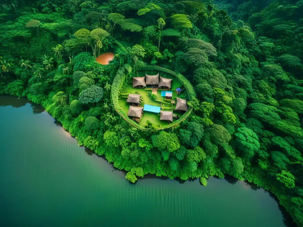 Misterioso poblado amazónico: vida indígena entre la exuberante jungla Una aldea amazónica remota capturada desde un dron, mostrando misteriosas tribus y exuberante vegetación