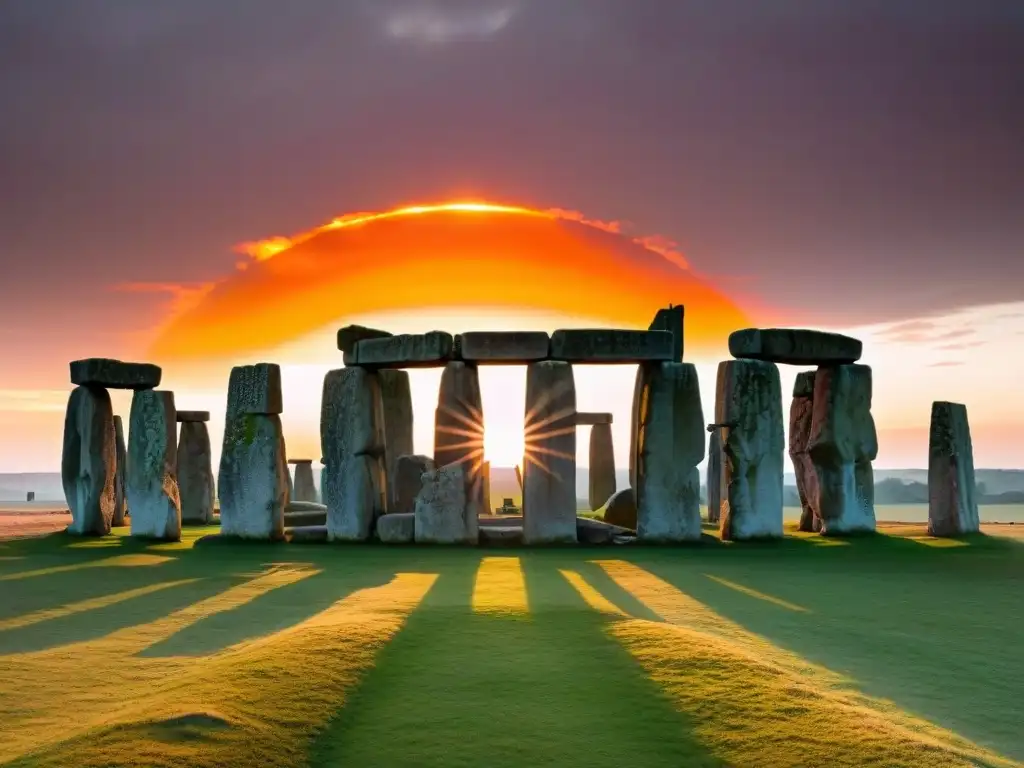 Amanecer místico en Stonehenge: luz dorada sobre antiguas piedras Un amanecer dorado detrás de Stonehenge, revelando los misterios del pasado