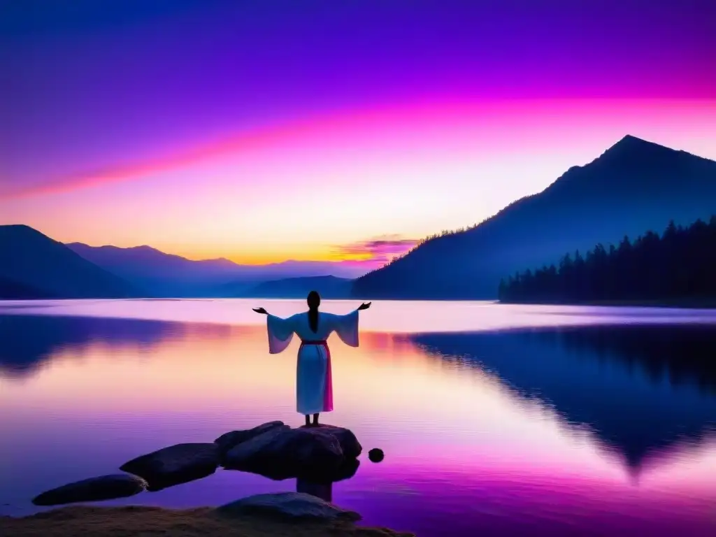 Un amanecer místico sobre un lago sereno, con tonos rosados, morados y dorados