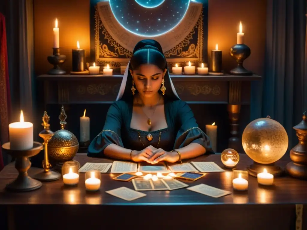 Un ambiente misterioso y cautivador con una vidente leyendo cartas de tarot en una habitación iluminada por velas, rodeada de objetos místicos