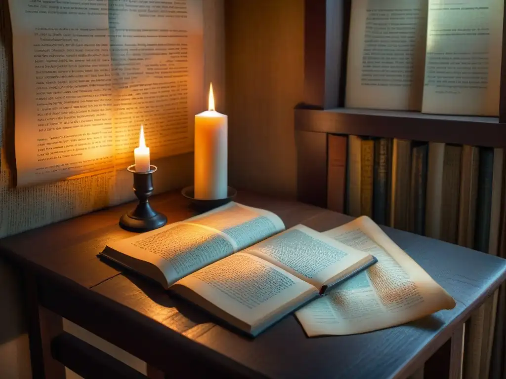 Misterios ancestrales y tecnología: explorando leyendas urbanas Un ambiente misterioso con libros antiguos, mapas y una vela titilante