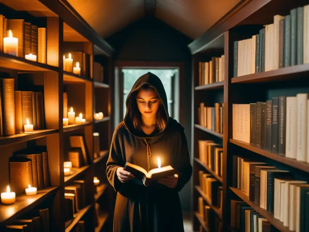 Alquimia oscura: misterios ancestrales y rituales ocultos Un ambiente misterioso con libros antiguos sobre misterios paranormales y sectas, iluminado por una vela titilante