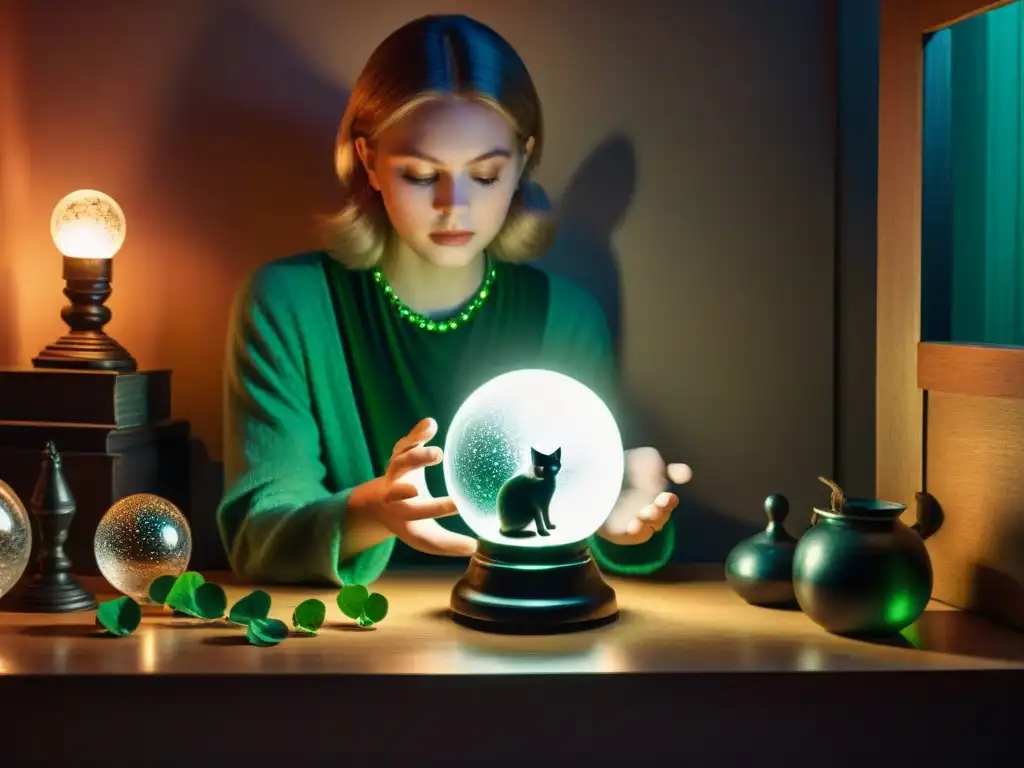Un ambiente misterioso y lleno de objetos supersticiosos rodea a una persona sosteniendo una bola de cristal brillante