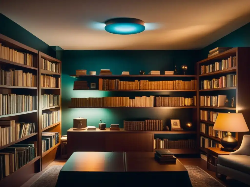 Un ambiente misterioso con muebles flotantes, libros volando y orbes brillantes, evocando entidades interdimensionales en fenómenos paranormales