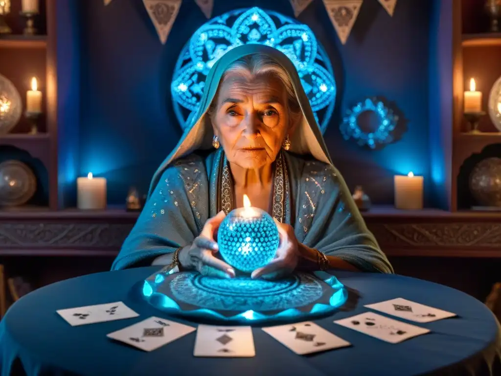 Una anciana con arrugas profundas en el rostro y un chal lleno de símbolos, concentradísima en una lectura de cristal