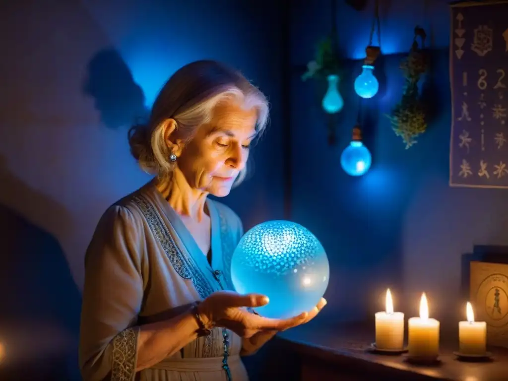 Una anciana rodeada de hierbas y símbolos misteriosos, sosteniendo una bola de cristal y un frasco de poción