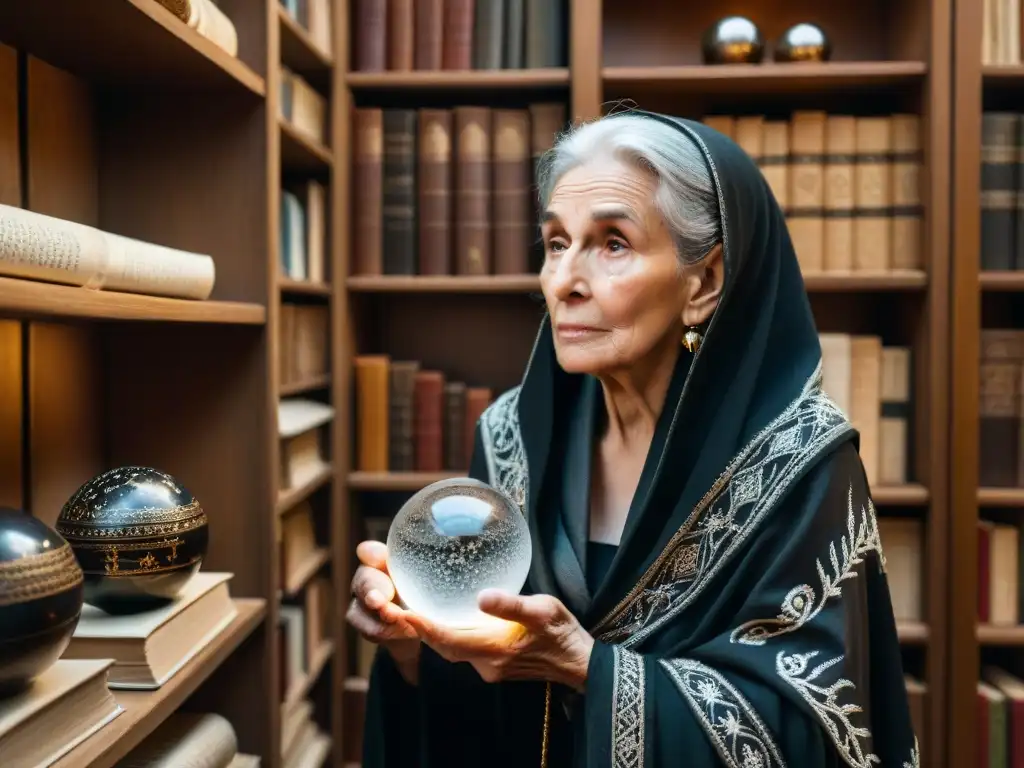 Anciana en sala mística con bola de cristal