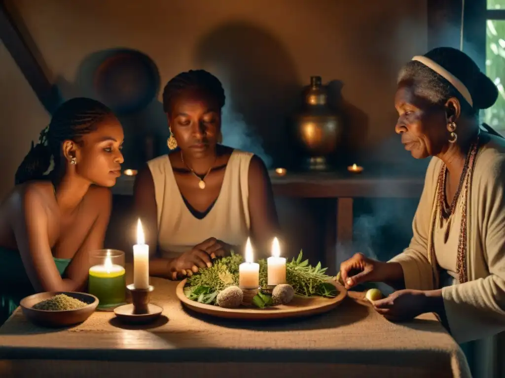 Una anciana sanadora realiza un ritual en un oscuro salón, rodeada de personas diversas