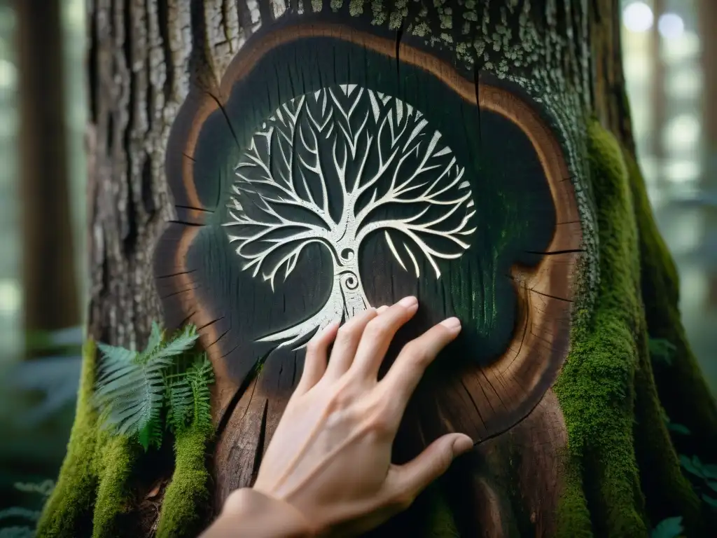 Un anciano talla símbolos misteriosos en un árbol en el bosque, comunicación de emergencia en entornos aislados