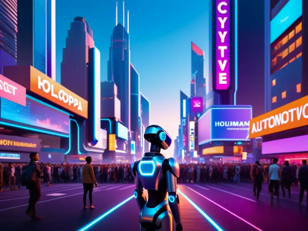 Metrópolis futurista: humanoide robot en la ciudad holográfica Un androide con ojos brillantes en una ciudad futurista enigmática, entre humanos y inteligencia artificial, bajo luces neón
