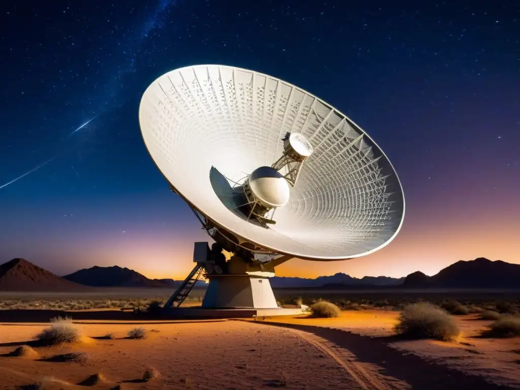 Comunicación Cósmica: Antena Satelital en el Desierto Estrellado Satélite capta anomalías cósmicas, mensajes extraterrestres en desierto estrellado