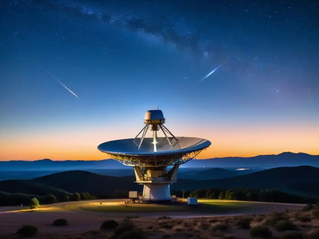 Descubriendo misterios cósmicos: radiotelescopio en la noche estrellada Antena de radio apuntando al cielo nocturno, capturando misterios universo pulsos radio rápidos en observatorio remoto al atardecer