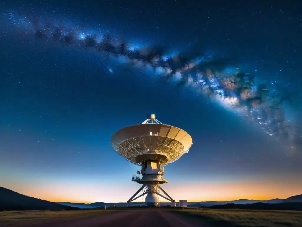 Explorando el universo: Telescopio apunta a la galaxia estrellada Una antena de radio telescopio apuntando al cielo nocturno estrellado, iluminada por un resplandor misterioso