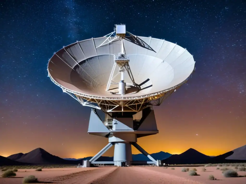 Radio telescopio captando señales cósmicas Antena de radio telescopio capta misterios universo pulsos radio rápidos en la noche estrellada