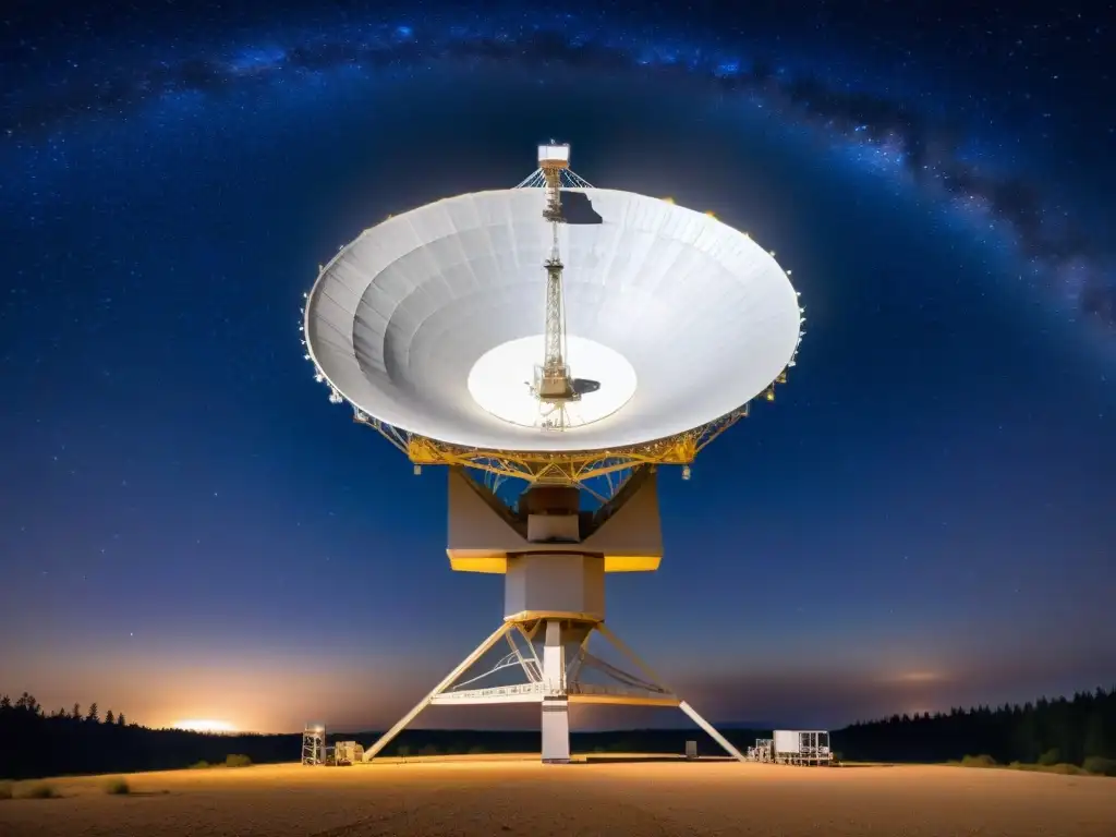 Radiotelescopio nocturno: captando señales cósmicas Antena de radio telescopio en la noche, captando misterios universo pulsos radio rápidos en cielo estrellado