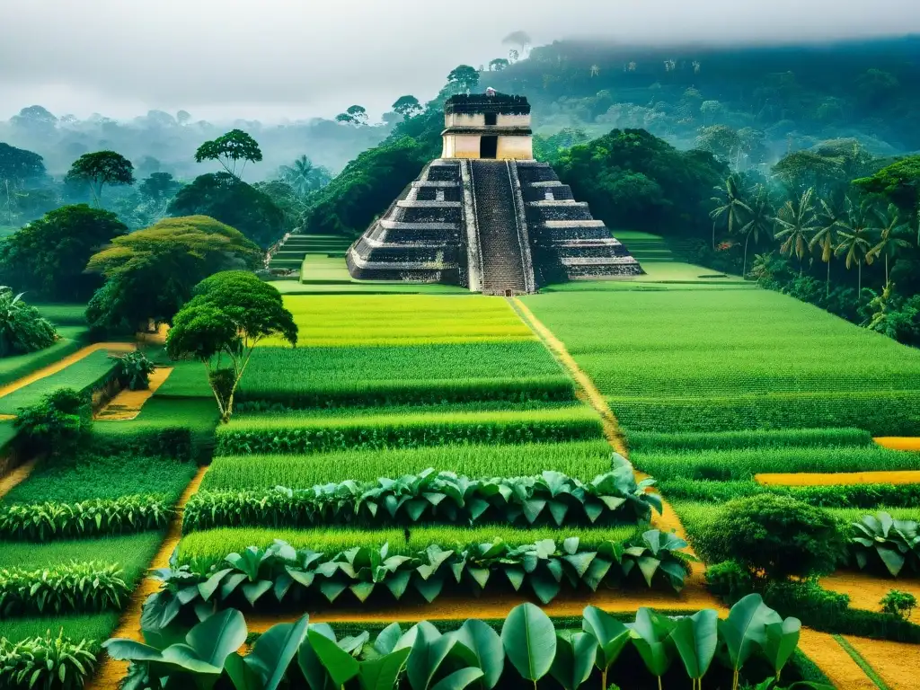 Antigua agricultura maya con terrazas, pirámides y cosechas vibrantes