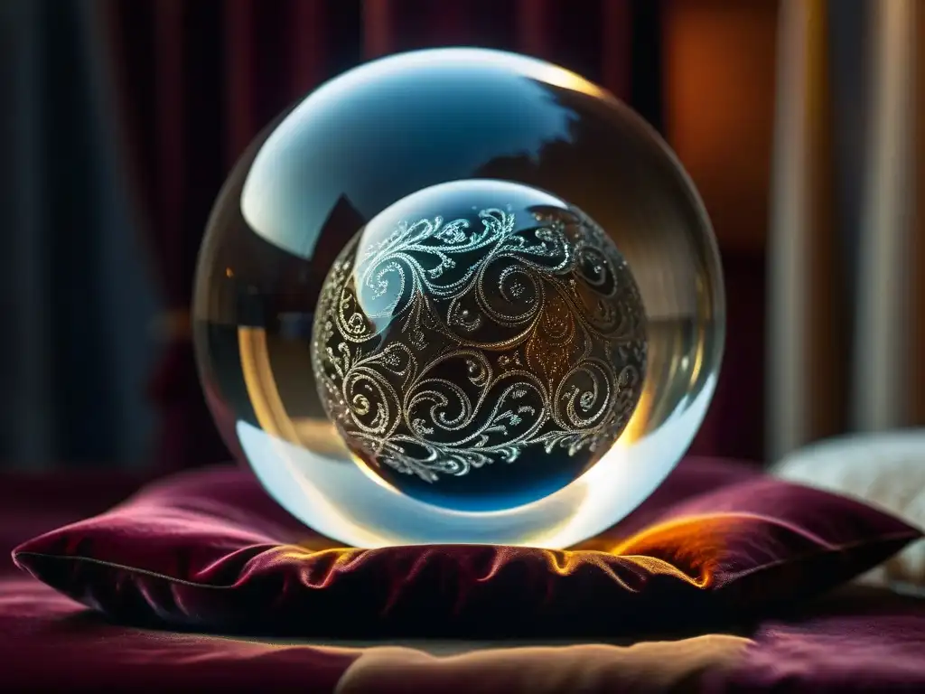 Misteriosa bola de cristal antigua en terciopelo Antigua bola de cristal iluminada, revelando intrincados patrones