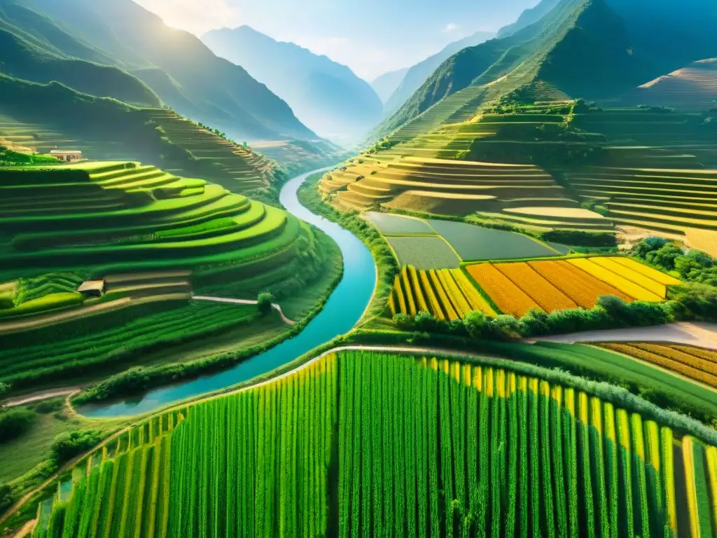Una antigua civilización con agricultura avanzada cultiva terrazas en un valle rodeado de montañas