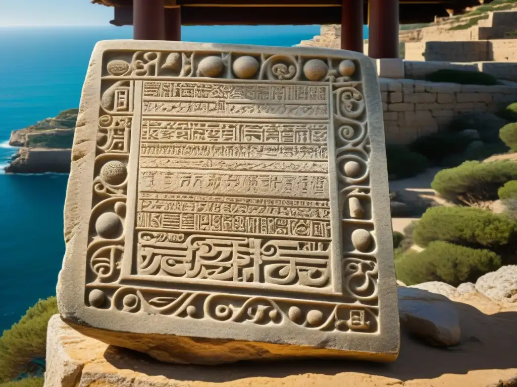 Tableta de piedra con enigmáticos jeroglíficos carios en la costa mediterránea Una antigua escritura Caria en una tabla de piedra con misterios antiguos, en la costa mediterránea
