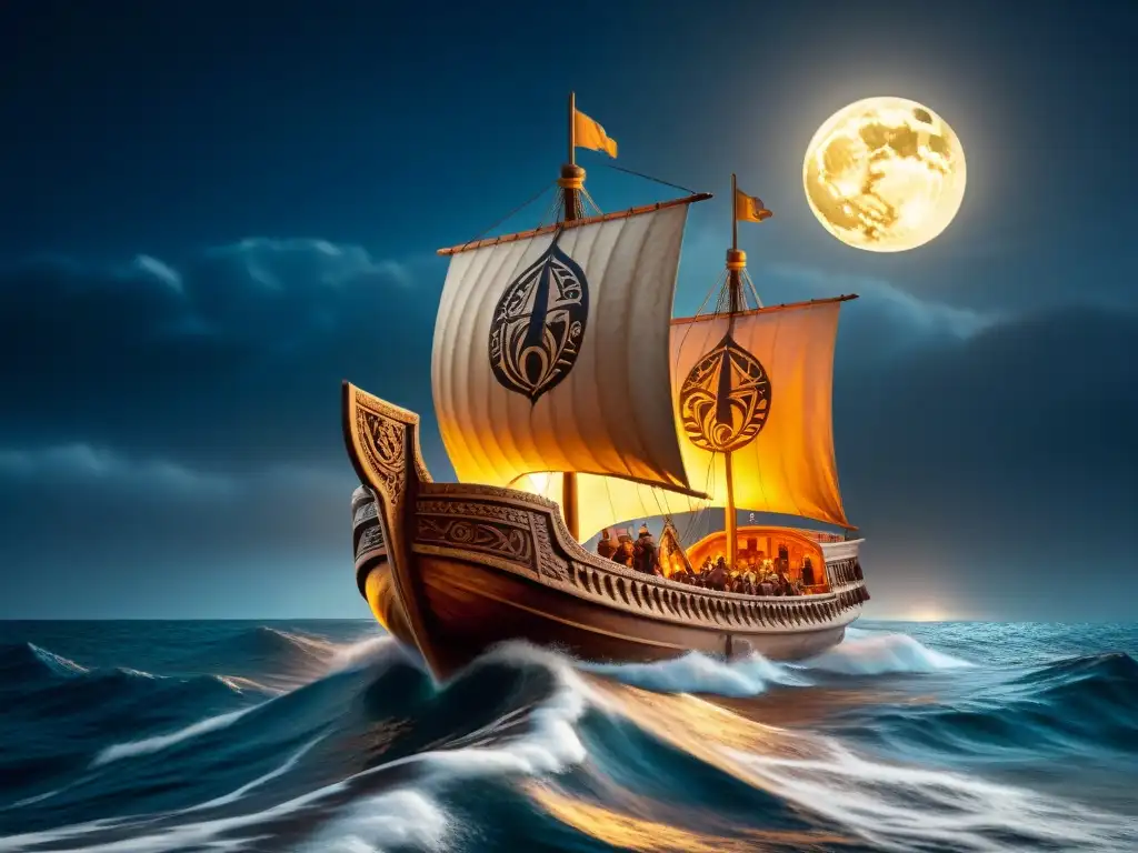 Nave fenicia en tormenta bajo la luna: misterio marítimo Una antigua nave fenicia surcando mares desconocidos en una tormenta bajo la luz de la luna, mostrando la herencia perdida de los fenicios