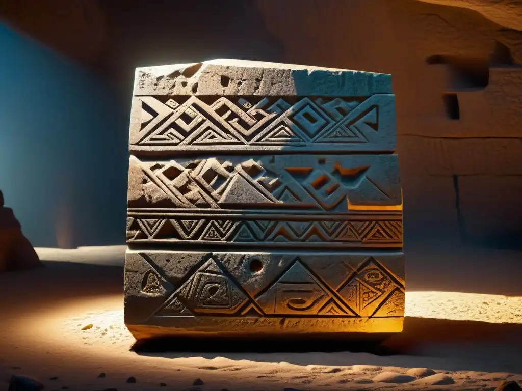 Una antigua piedra megalítica con tallados geométricos iluminada por luz misteriosa