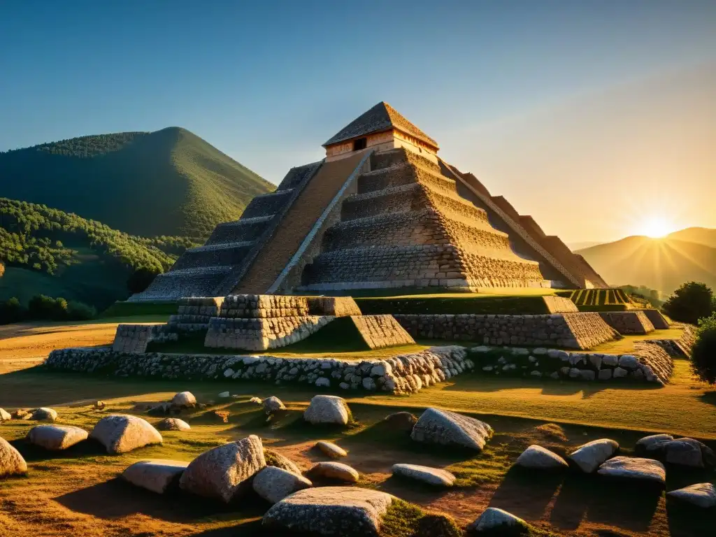 Misterio de las pirámides de Bosnia al atardecer Antigua pirámide de Bosnia descubrimiento arqueológico en luz dorada del atardecer, sombras misteriosas