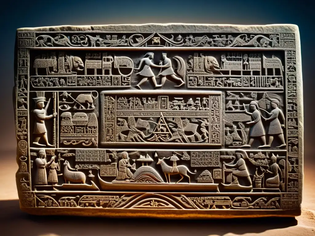 Tableta de piedra antigua: símbolos y supersticiones Una antigua tabla de piedra cubierta de intrincados grabados de supersticiones y símbolos, iluminada misteriosamente