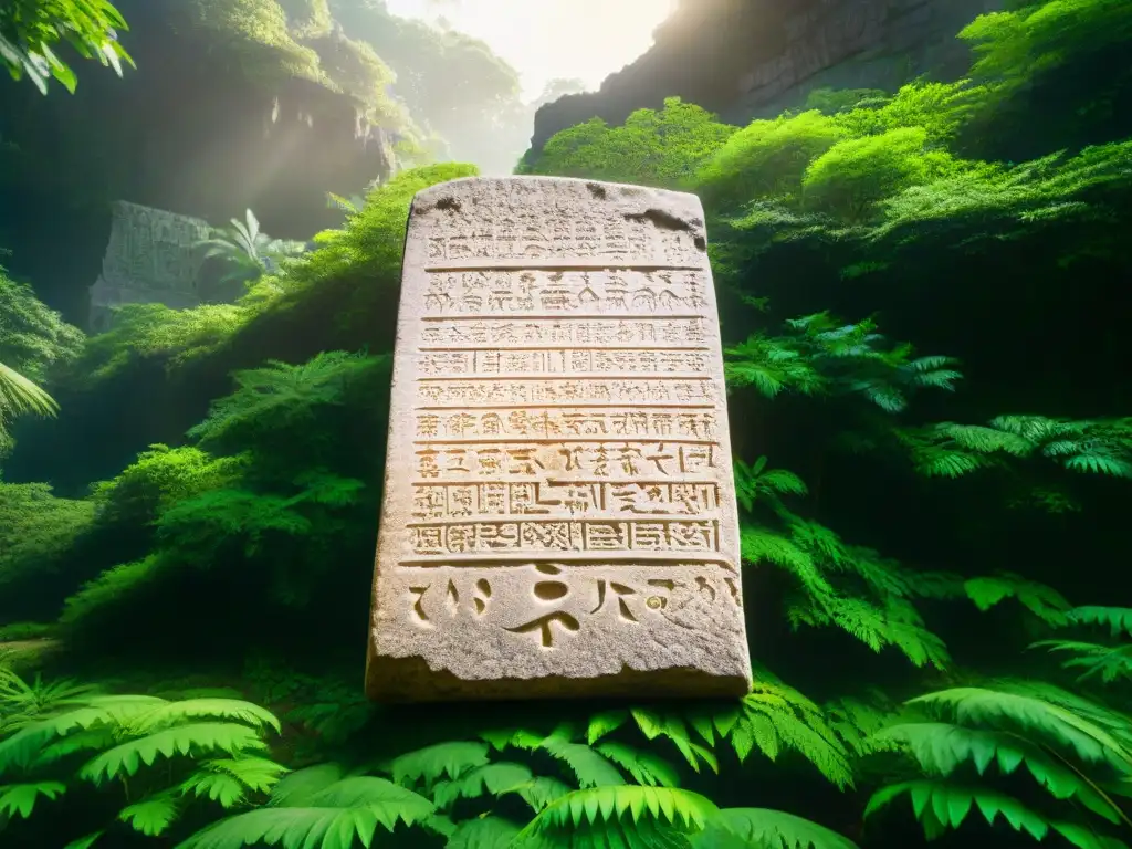 Misteriosa tableta de piedra cubierta de escritura caria en ruinas Una antigua tableta de piedra cubierta de escritura Caria en un enclave arqueológico, rodeada de exuberante vegetación