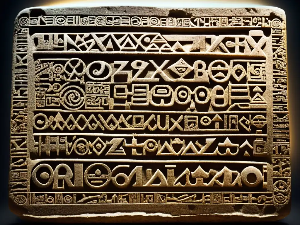 Misterioso tablón Zapoteca: símbolos ancestrales iluminados Antigua tableta Zapoteca con enigmáticos símbolos y glifos, iluminados parcialmente, invita a descifrar sus códigos misteriosos