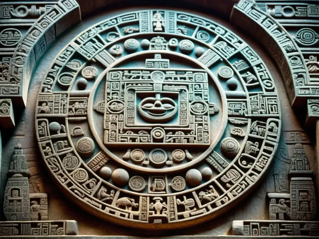 Calendario maya ancestral: misticismo y profecías en la selva Antigua talla de piedra maya mostrando misterios y espiritualidad en el calendario, rodeada de figuras contemplativas bajo la selva