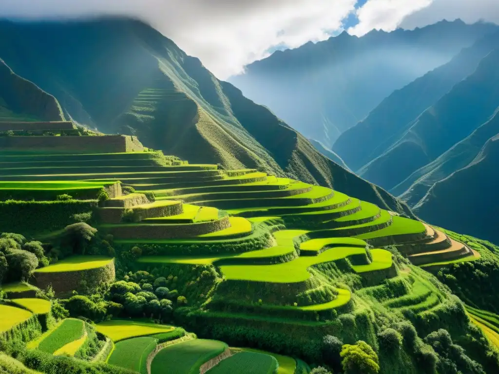 Antiguas terrazas agrícolas en los Andes con misteriosas nubes y cultivos verdes