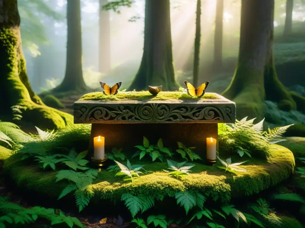 Un antiguo altar de piedra cubierto de musgo en un claro boscoso, iluminado por la luz dorada en Los misteriosos bosques encantados