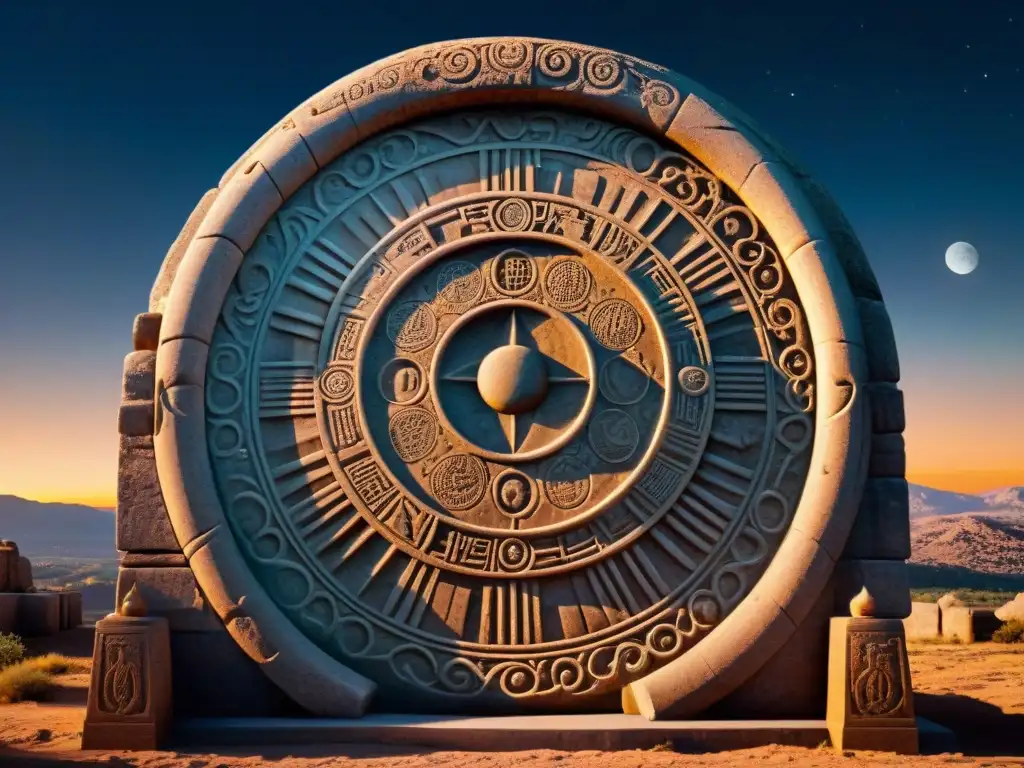 Antiguo calendario lunar esculpido en piedra, con símbolos celestiales y fases lunares