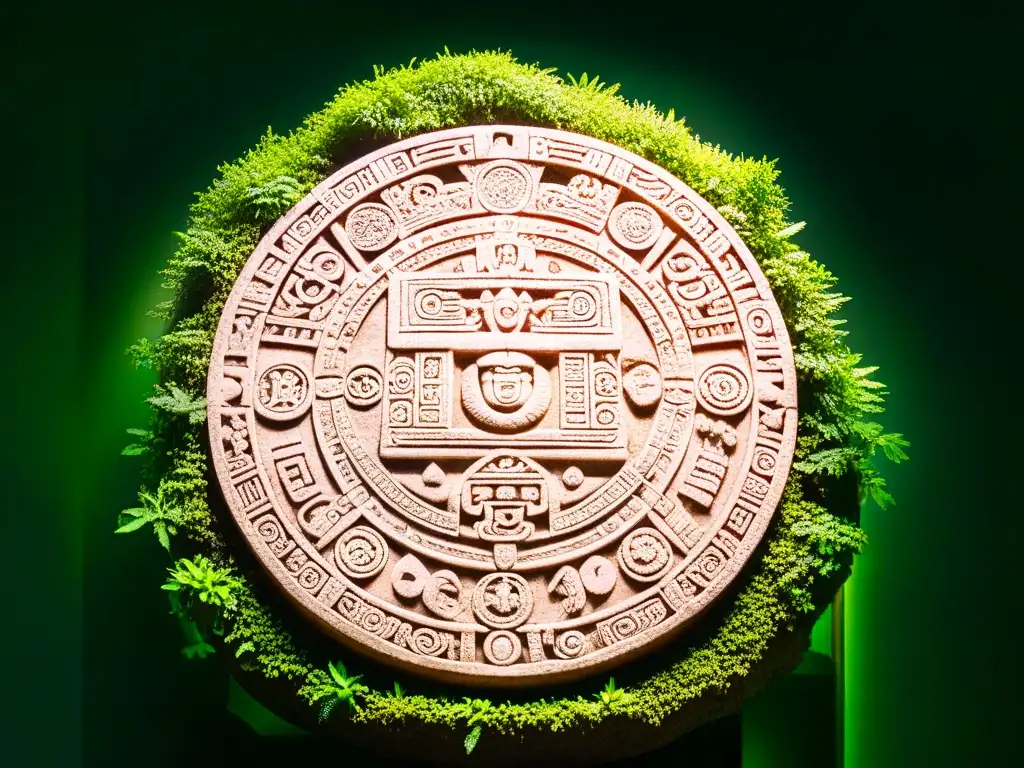 Calendario Maya: Misterios y símbolos ancestrales en la selva Un antiguo calendario maya tallado con símbolos en la selva, iluminado por rayos de sol