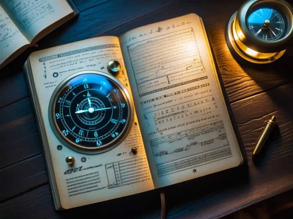 Diario de viaje en el tiempo de John Titor: esquemas y notas enigmáticas Un antiguo diario con esquemas y notas sobre viajes en el tiempo, en una mesa oscura y misteriosa