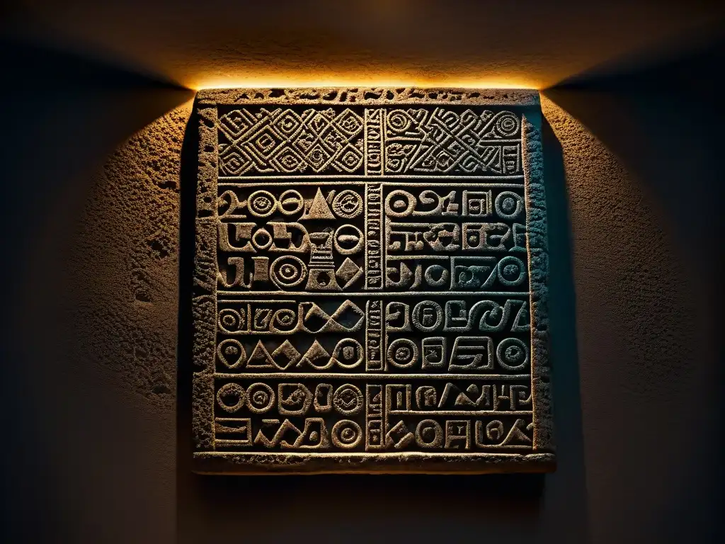 Misterioso mensaje codificado en antigua tablilla de piedra Un antiguo enigma codificado revelado en misteriosa tablilla de piedra bajo la luz de antorchas en cámara atmosférica