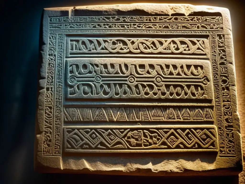 Tableta de piedra antigua con enigmáticas inscripciones y luz misteriosa Un antiguo enigma codificado revelado en la piedra tallada iluminada