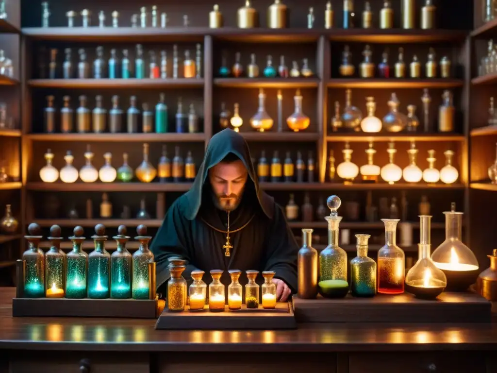 Misterioso laboratorio alquímico: velas, líquidos y figuras Antiguo laboratorio alquímico iluminado por velas, con figuras misteriosas y libros polvorientos