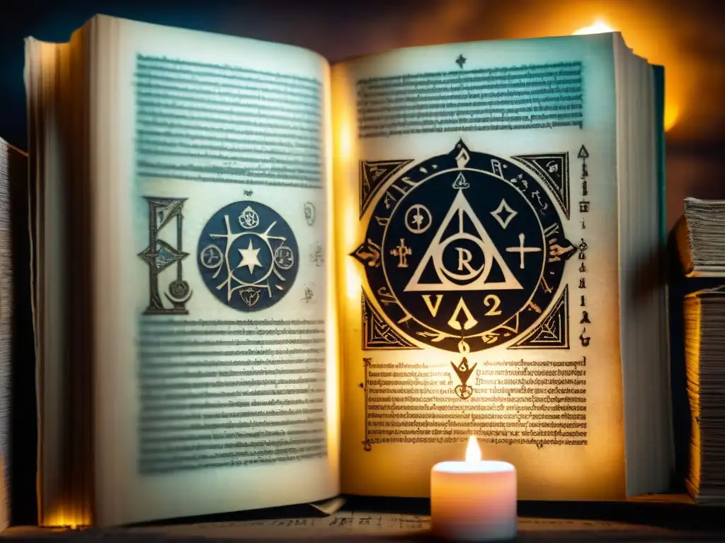 Antiguo libro abierto con ilustraciones místicas, rodeado de luz de velas