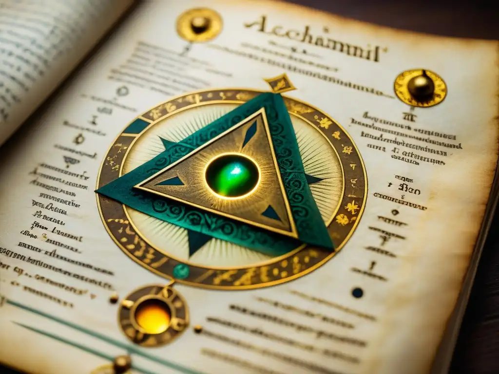 Manuscrito alquímico antiguo con símbolos misteriosos en oro envejecido Antiguo manuscrito alquímico con símbolos detallados y dorados, invita a descubrir los secretos de la alquimia y transmutación de metales
