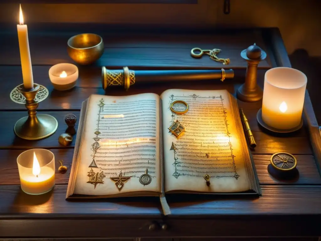Manuscrito alquímico antiguo iluminado y misterioso Un antiguo manuscrito iluminado con símbolos alquímicos dorados, rodeado de instrumentos antiguos en una habitación misteriosa con velas
