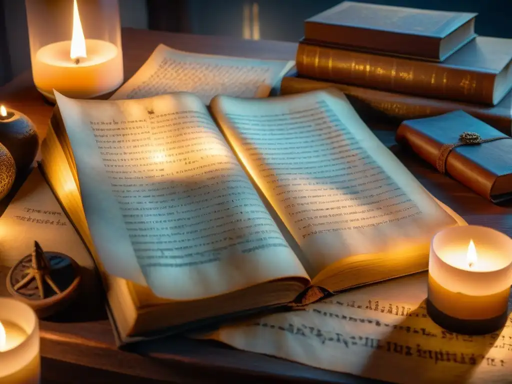 Manuscrito antiguo iluminado por velas: criaturas míticas y símbolos en 8k Antiguo manuscrito iluminado por velas con escritores leyendas misterios ancestrales