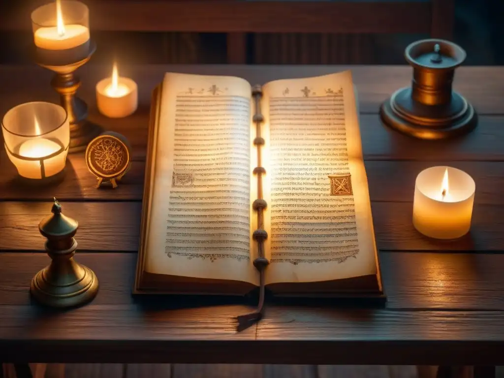 Manuscrito antiguo: símbolos místicos en 8k Antiguo manuscrito iluminado por velas con símbolos místicos