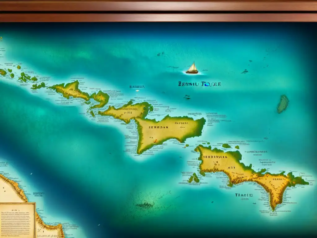 Mapa enigmático del Triángulo de las Bermudas Un antiguo mapa detallado del Triángulo de las Bermudas en una misteriosa biblioteca
