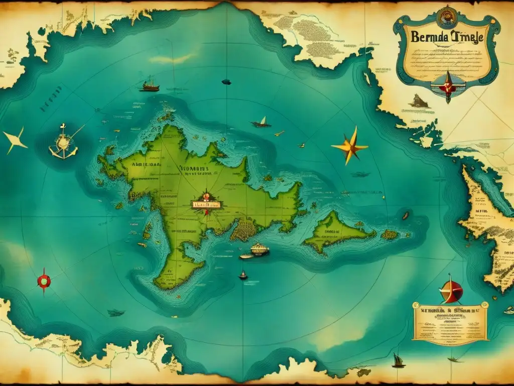 Mapa náutico vintage del Triángulo de las Bermudas con misteriosas desapariciones y monstruos marinos Un antiguo mapa náutico detallado del Triángulo de las Bermudas con misteriosas desapariciones y monstruos marinos