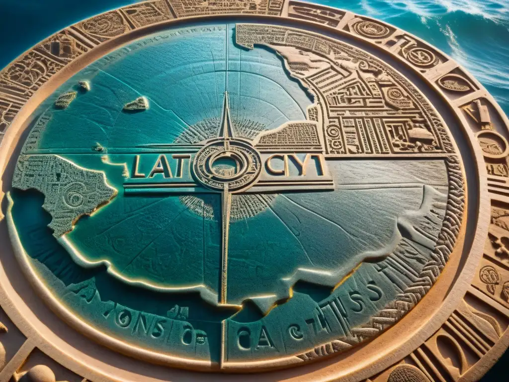 Mapa antiguo de Atlantis en piedra con símbolos misteriosos Un antiguo mapa tallado en piedra revela la posible ubicación perdida de la Atlántida, con símbolos enigmáticos y una aura de misterio