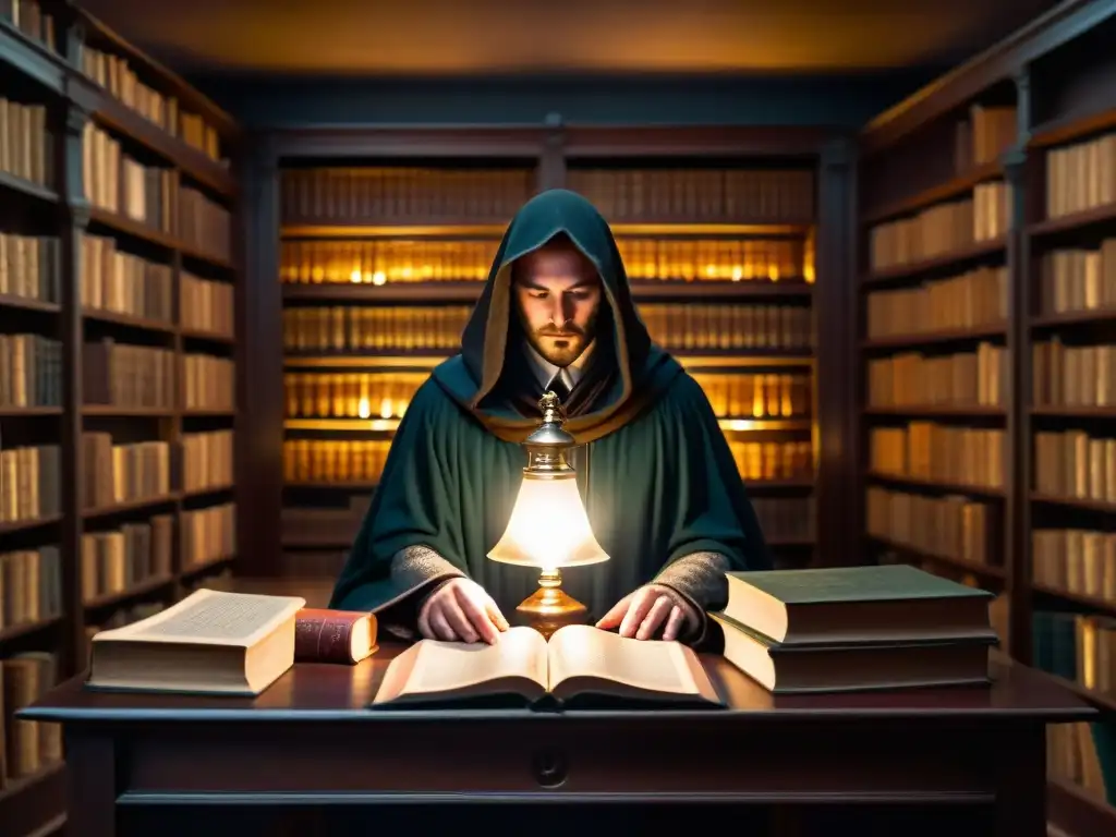 Misteriosa biblioteca de lo oculto con figura enigmática Un antiguo y misterioso escenario: una biblioteca repleta de libros polvorientos sobre misterios paranormales, con símbolos y una figura enigmática